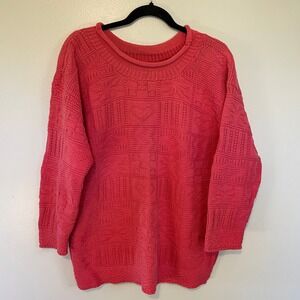 VTG 90s Accordeon SLOUCHY Textured Knit Patchwork Sweater Coral Pink Hearts LG